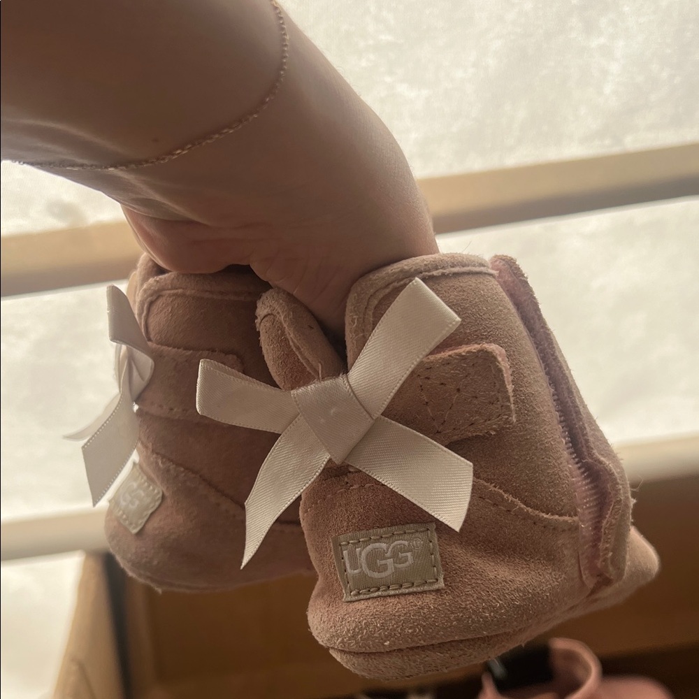 UGG Blush Pink Baby Booties with Ribbon Accent